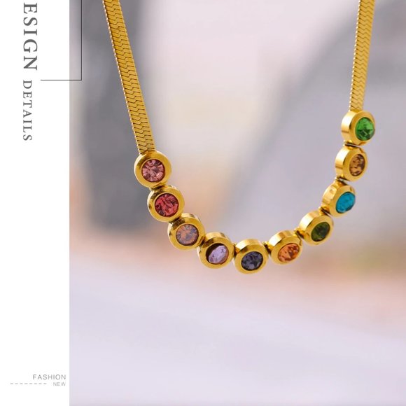 New 18K Gold Plated Multi Color Rainbow Colorful Gemstone Herringbone Necklace - Picture 3 of 7